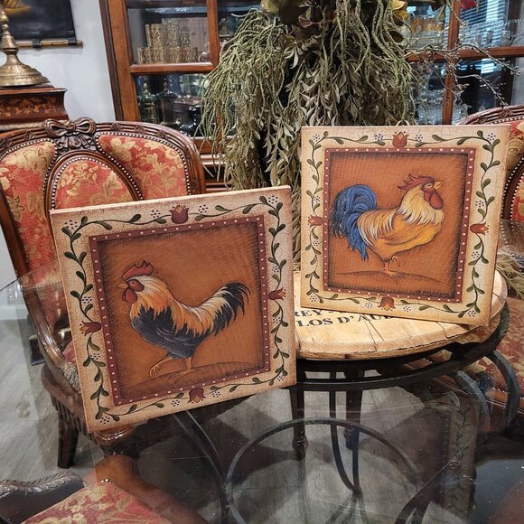 Vintage ROOSTERS by KIM LEWIS Fine Art Giclee Print on Gallery Wrap Canvas - Picture 1 of 4